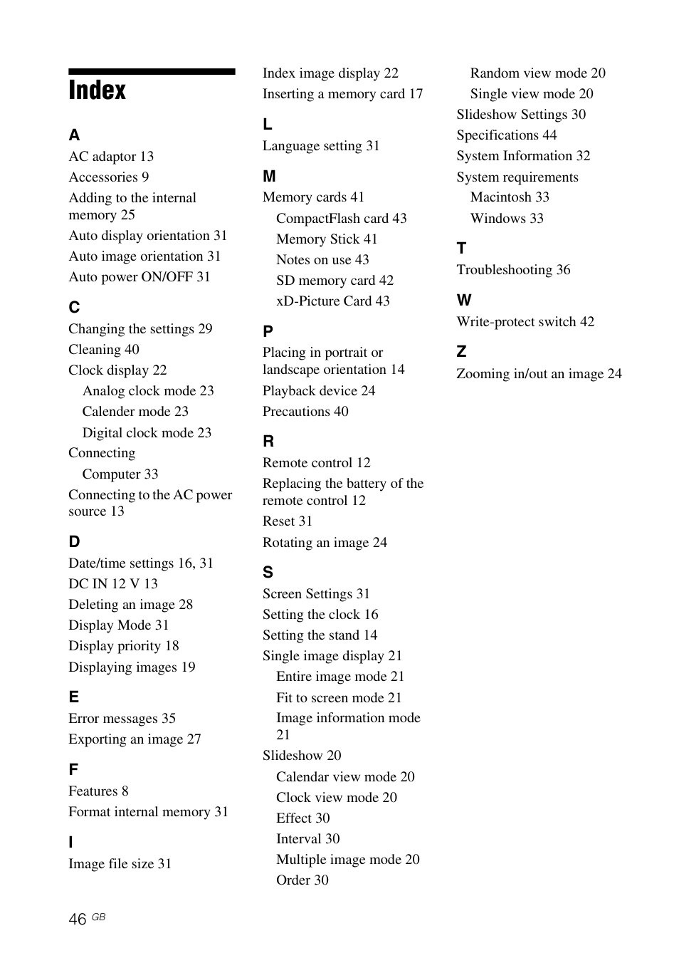 Index | Sony DPF-D70 User Manual | Page 46 / 48