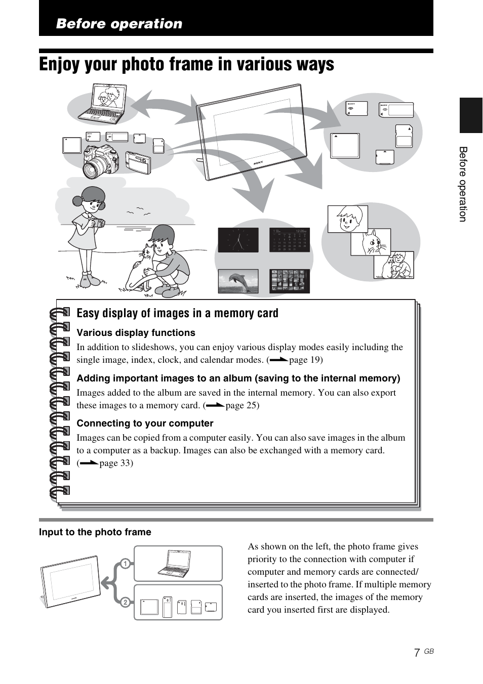 Before operation, Enjoy your photo frame in various ways | Sony DPF-D70 User Manual | Page 7 / 48