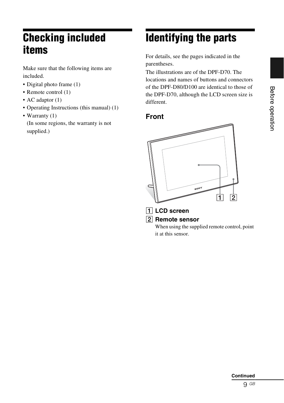 Checking included items, Identifying the parts | Sony DPF-D70 User Manual | Page 9 / 48