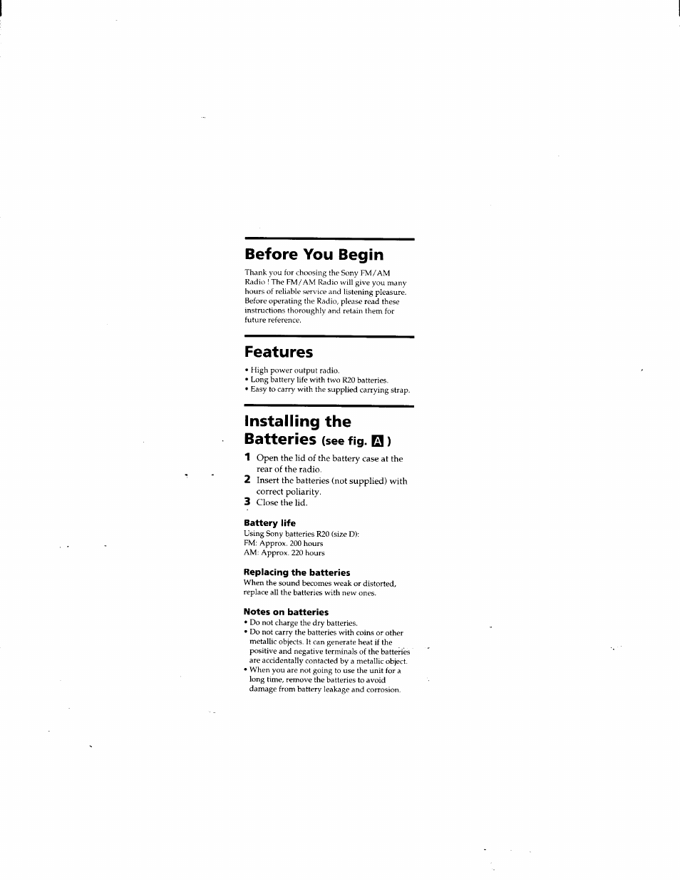 Before you begin, Features, Installing the batteries | Sony ICF-18 User Manual | Page 3 / 6
