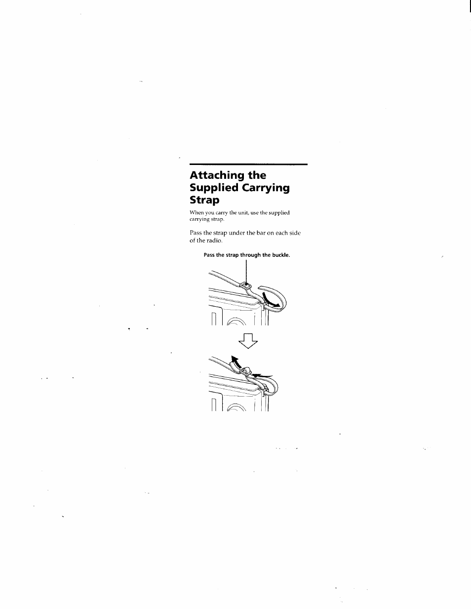 Attaching the supplied carrying strap | Sony ICF-18 User Manual | Page 5 / 6