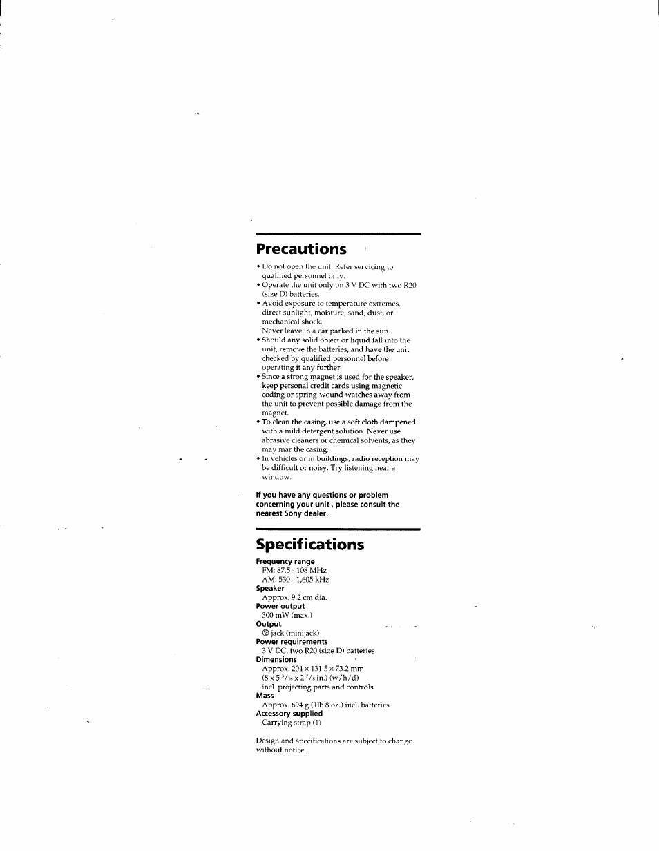 Precautions, Specifications | Sony ICF-18 User Manual | Page 6 / 6