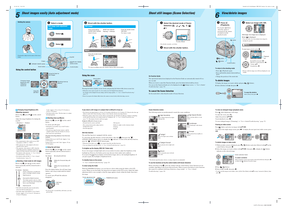 Shoot images easily (auto adjustment mode), Shoot still images (scene selection), View/delete images | Sony DSC-H5 User Manual | Page 2 / 2