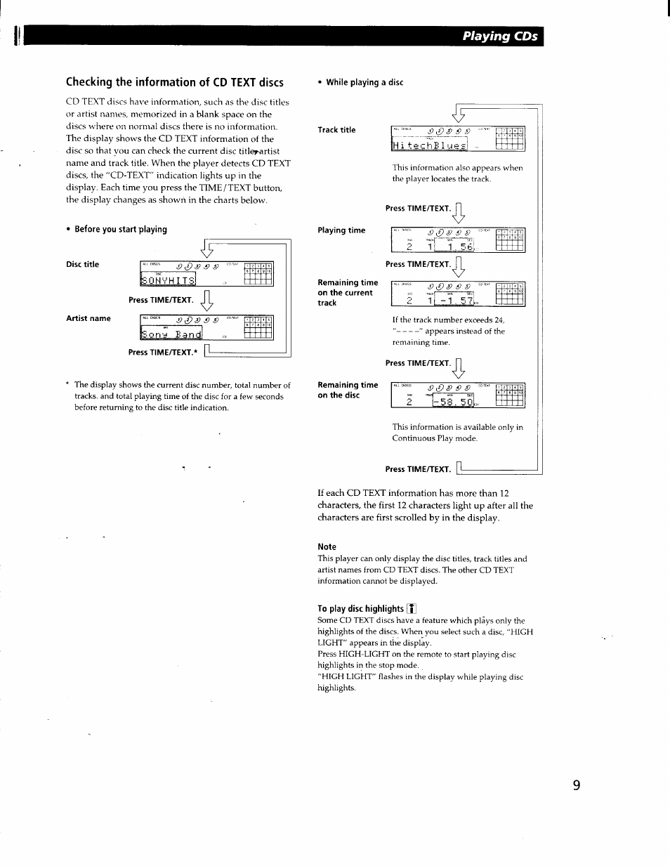 Before you start playing, Disc title, Track title | Playing time, Press time/text. [l, Note, To play disc highlights, Playing cds | Sony CDP-CA80ES User Manual | Page 10 / 26