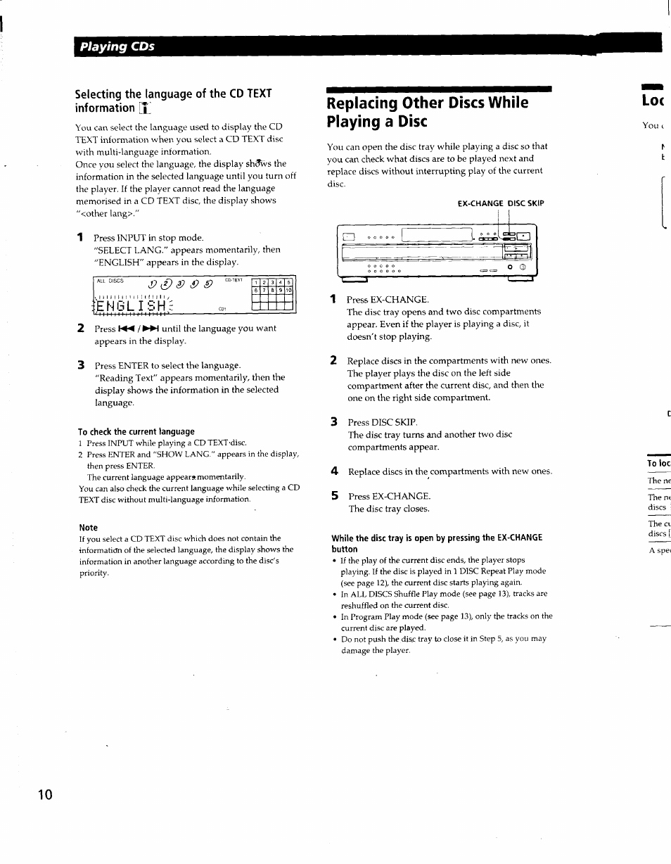 Note, To loci, Replacing other discs while playing a disc lo | Playing cds | Sony CDP-CA80ES User Manual | Page 11 / 26