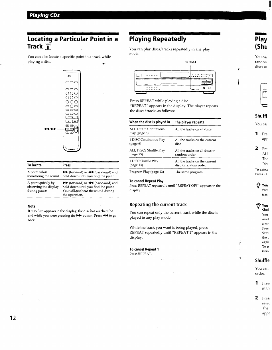 To locate, Press, Note | To cancel repeat play, Repeating the current track, To cancel repeat 1, Sbuffi, To canee, Shul, Locating a particular point in a track [e | Sony CDP-CA80ES User Manual | Page 13 / 26