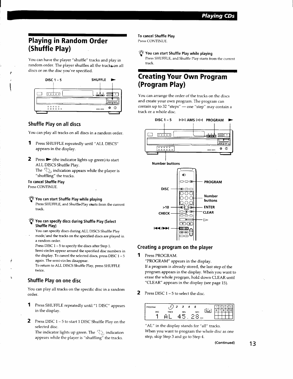 Shuffle play on all discs, To cancel shuffle play, Q' you can start shuffle play while playing | Shuffle play on one disc, Disc, 10 - check, Program, Number, Buttons, Enter -clear | Sony CDP-CA80ES User Manual | Page 14 / 26