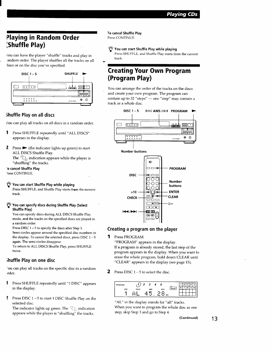 Shuffle play on all discs, 0 cancel shuffle play, You can start shuffle play while playing | Thuffle play on one disc, To cancel shuffle play, Q' you can start shuffle play while playing, Number buttons, Disc, 10 - check, Program | Sony CDP-CA80ES User Manual | Page 15 / 26