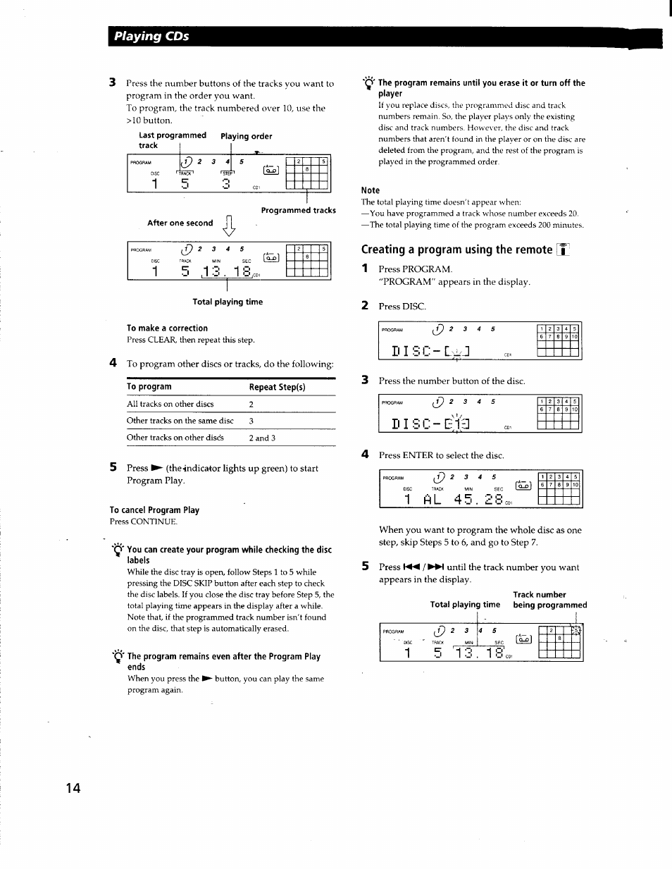 After one second, Programmed tracks, Total playing time | To make a correction, To cancel program play, Note, Creating a program using the remote [t), Track number, Playing cds | Sony CDP-CA80ES User Manual | Page 16 / 26