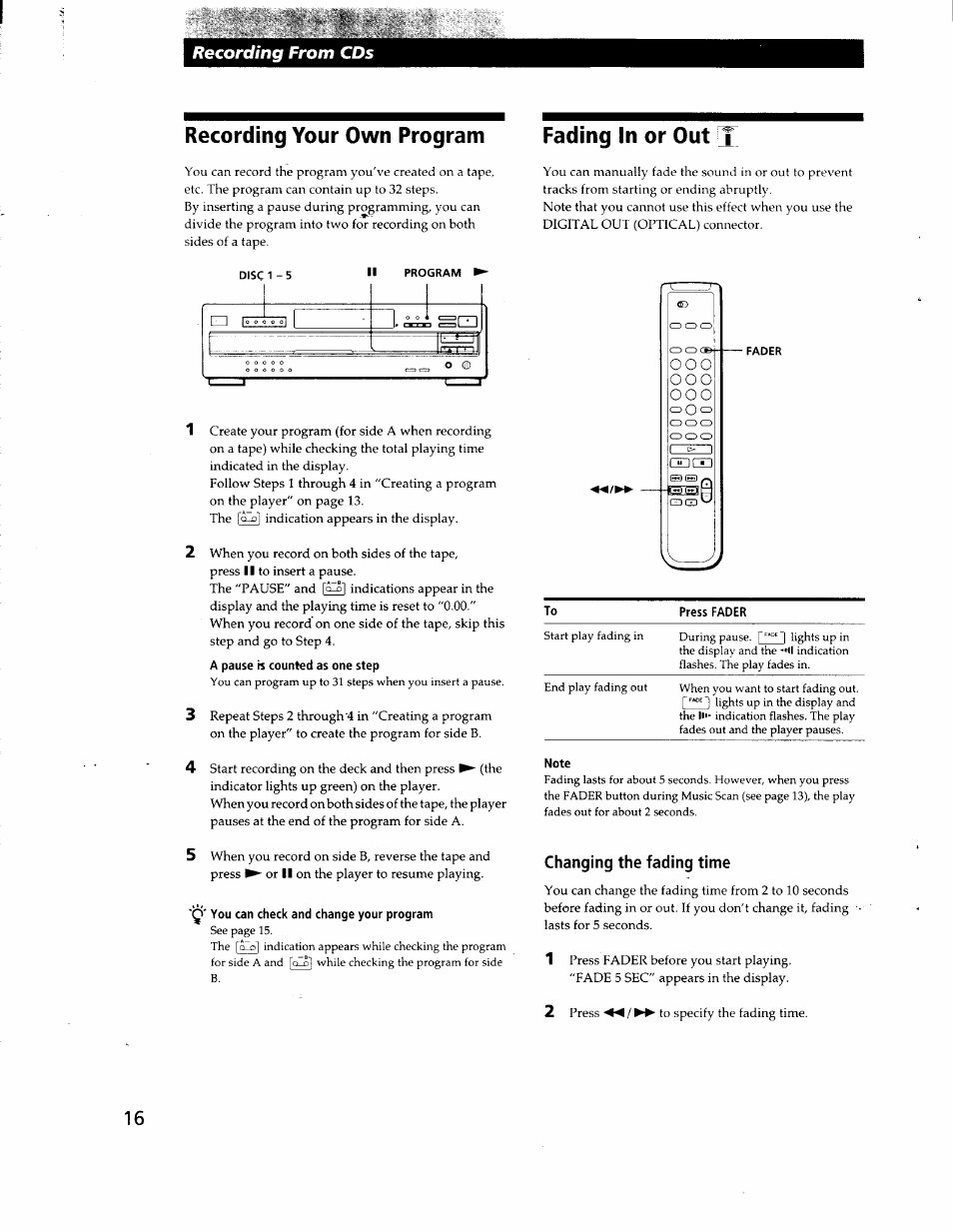 You can check and change your program, Changing the fading time, Recording your own program fading in or out 1 | Recording from cds | Sony CDP-CA80ES User Manual | Page 18 / 26