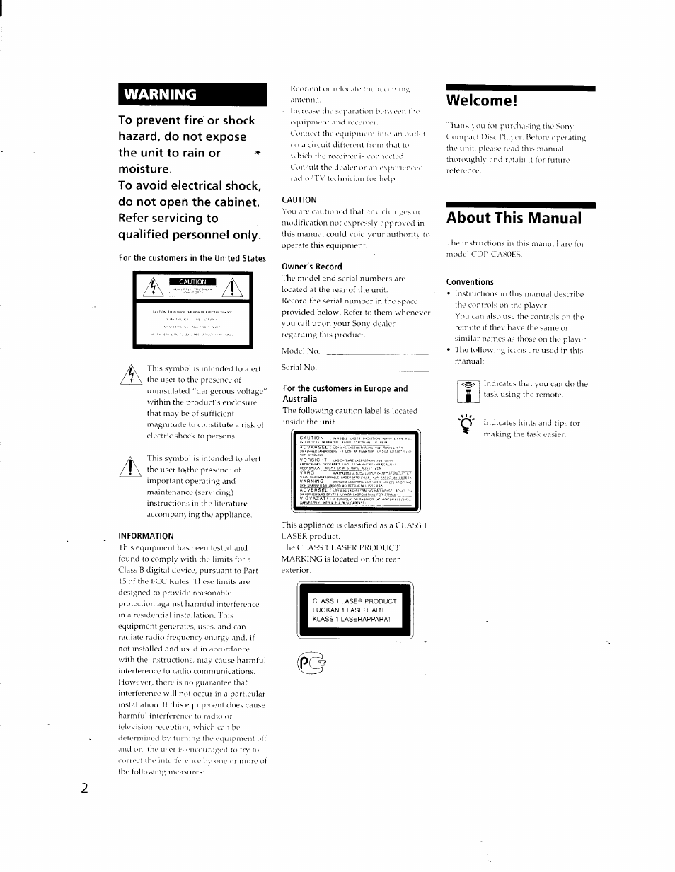 For the customers in the united states, Caution, Owner's record | Information, For the customers in europe and australia, Conventions, Warning, Welcome, About this manual, And vi'ci'iw'v | Sony CDP-CA80ES User Manual | Page 2 / 26