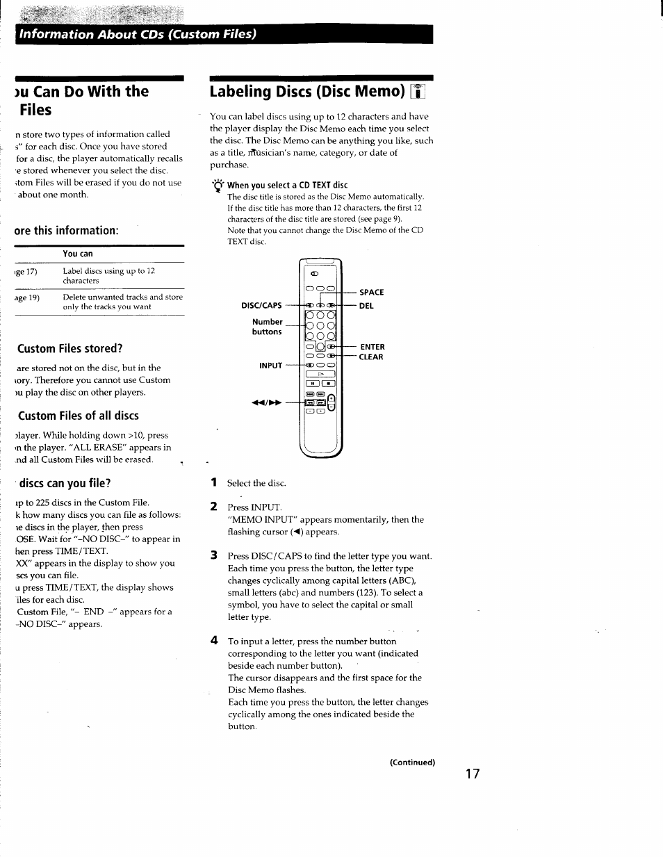 Ore this information, Custom files stored, Custom files of all discs | U can do with the files, Information about cds (custom files) | Sony CDP-CA80ES User Manual | Page 20 / 26