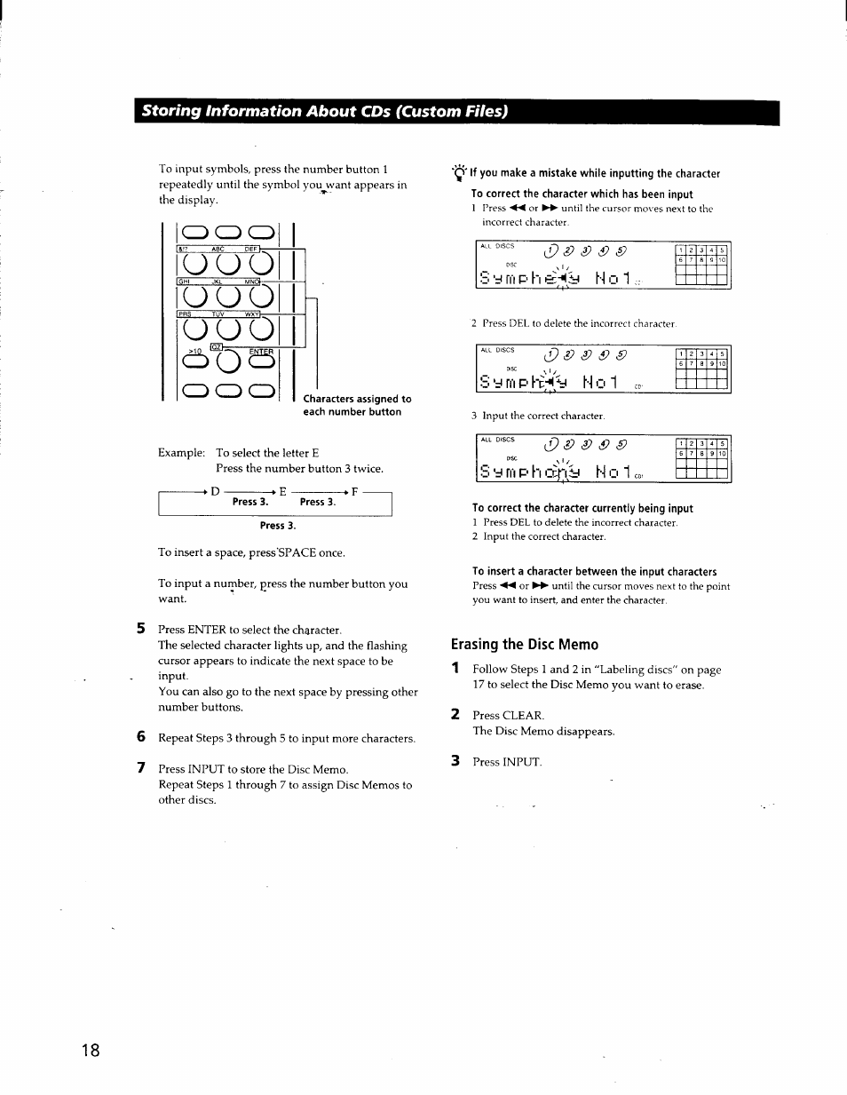 Characters assigned to each number button, Press 3, Erasing the disc memo | Luuo, U u o, Storing information about cds (custom files) | Sony CDP-CA80ES User Manual | Page 21 / 26
