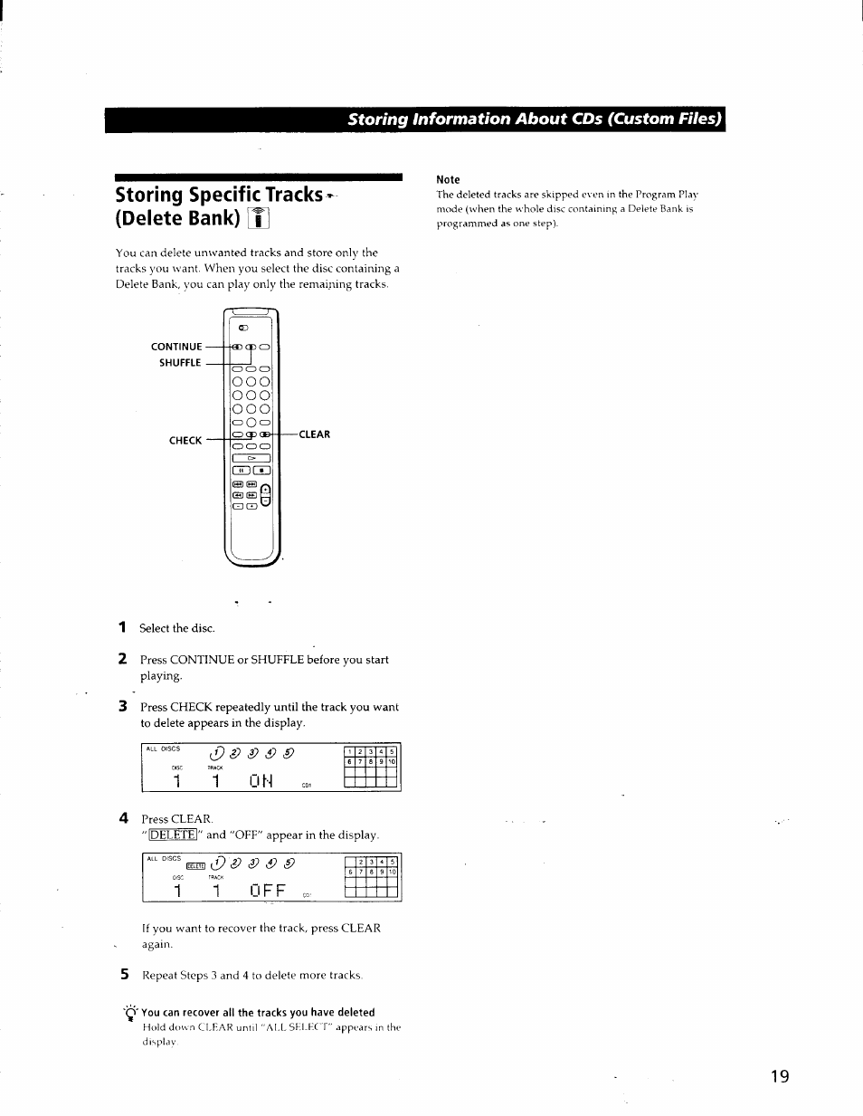 Note, Q' you can recover all the tracks you have deleted, Storing specific tracks - (delete bank) \j | Storing information about cds (custom files), 1 1 u h | Sony CDP-CA80ES User Manual | Page 22 / 26