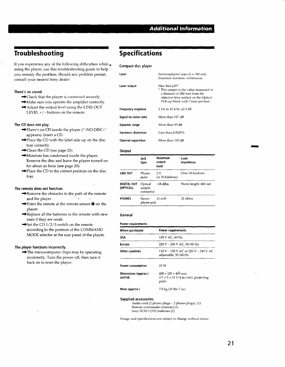 There's no sound, The cd does not play, The remote does not function | The player functions incorrectly, Troubleshooting specifications, Additional information | Sony CDP-CA80ES User Manual | Page 24 / 26