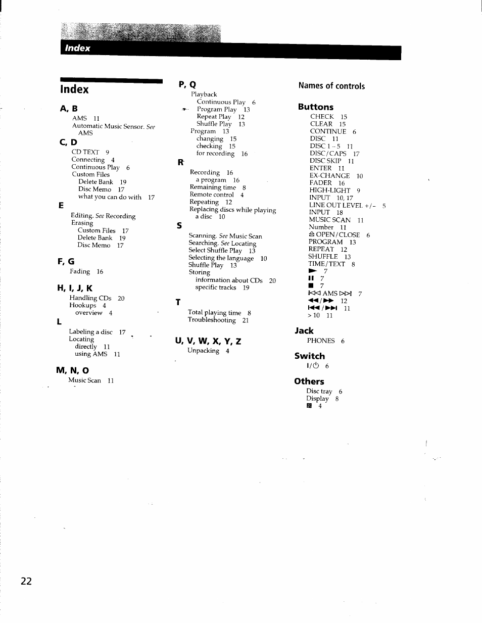 A, b, C, d, F, g | H, i, j, k, M, n, o, U. v, w, x, y, z, Index | Sony CDP-CA80ES User Manual | Page 25 / 26