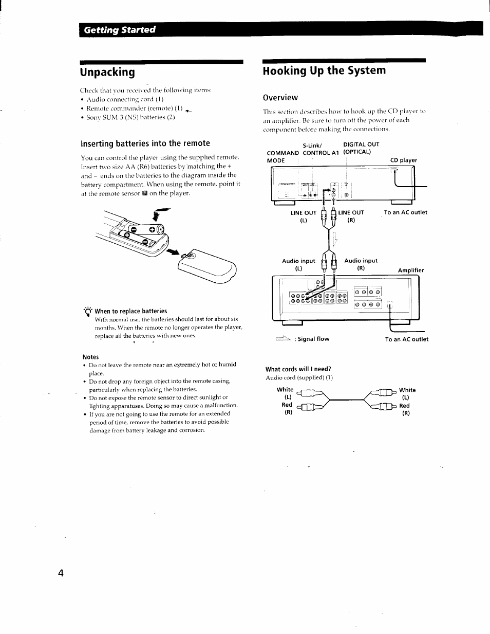 Inserting batteries into the remote, Overview, Il nil | Unpacking hooking up the system, Getting started | Sony CDP-CA80ES User Manual | Page 4 / 26