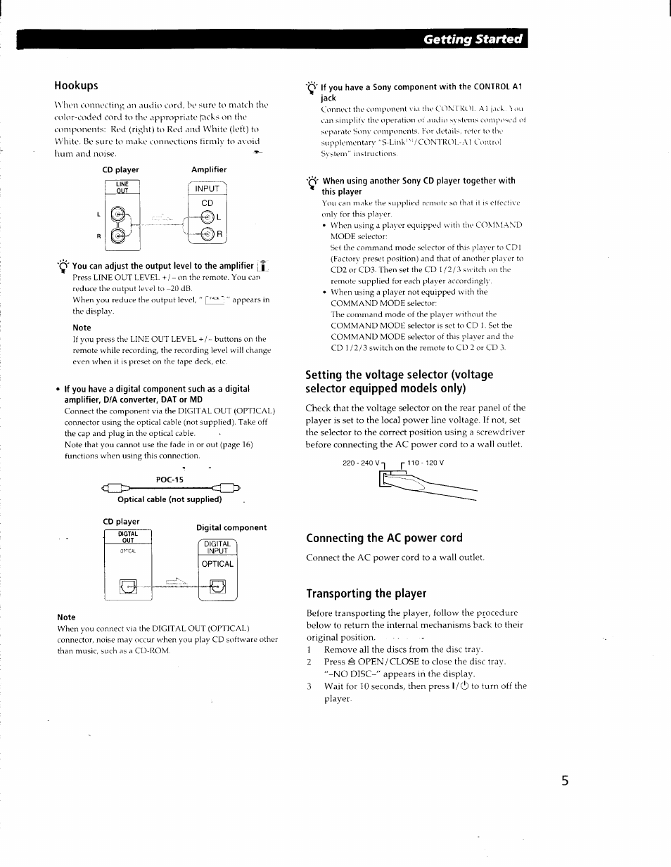 Hookups, You can adjust the output level to the amplifier, Note | Connecting the ac power cord, Transporting the player, Getting started | Sony CDP-CA80ES User Manual | Page 5 / 26