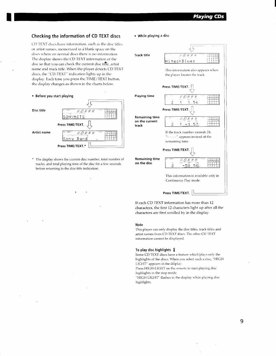 Before you start playing, Note, To play disc highlights t | Playing cds | Sony CDP-CA80ES User Manual | Page 9 / 26
