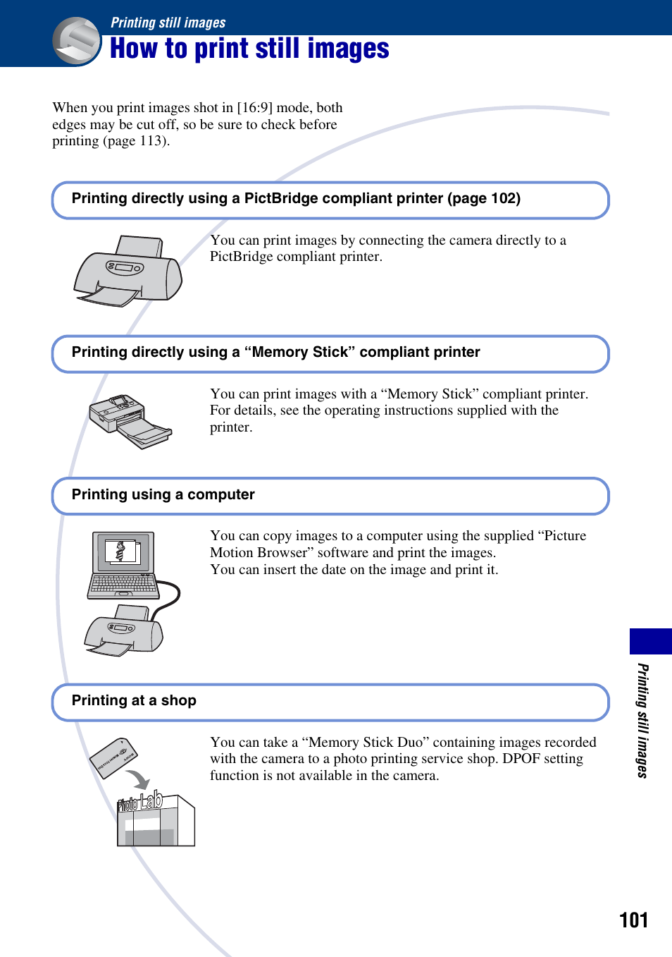 Printing still images, How to print still images | Sony DSC-T2 User Manual | Page 101 / 131