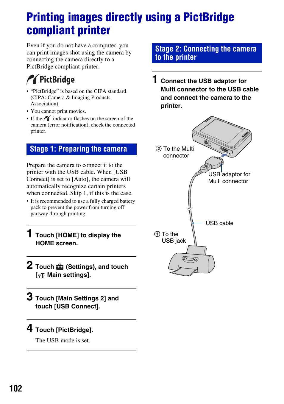 Stage 1: preparing the camera, Stage 2: connecting the camera to the printer | Sony DSC-T2 User Manual | Page 102 / 131