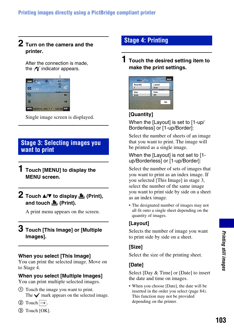 Stage 3: selecting images you want to print, Stage 4: printing | Sony DSC-T2 User Manual | Page 103 / 131