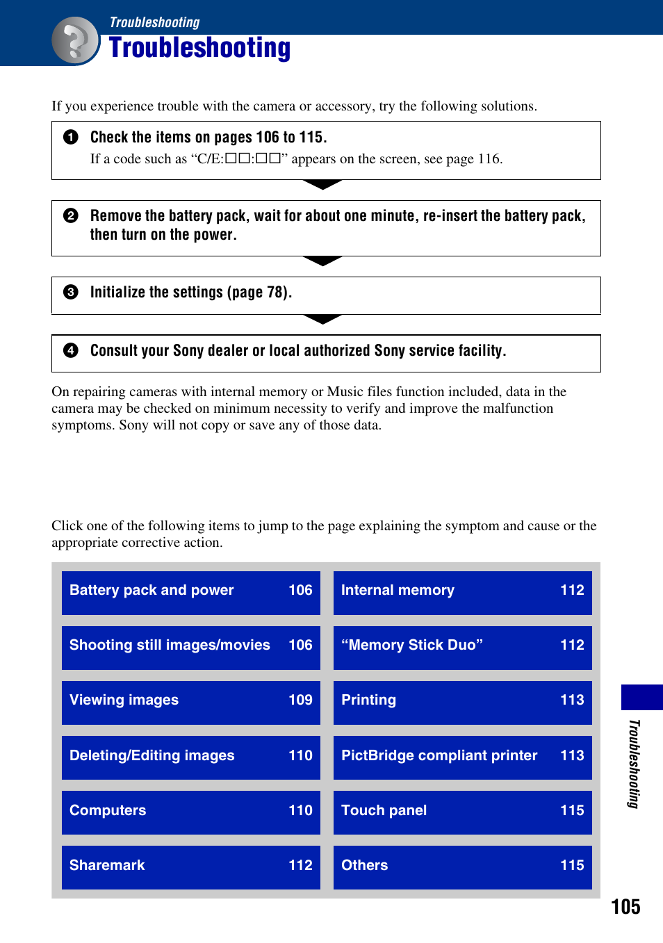 Troubleshooting | Sony DSC-T2 User Manual | Page 105 / 131