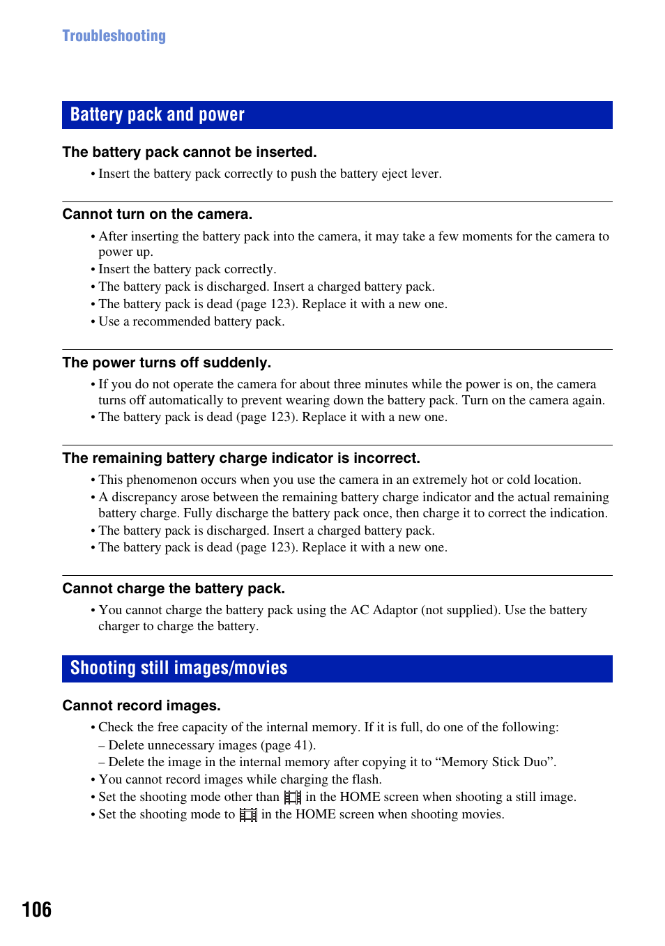 Battery pack and power, Shooting still images/movies | Sony DSC-T2 User Manual | Page 106 / 131