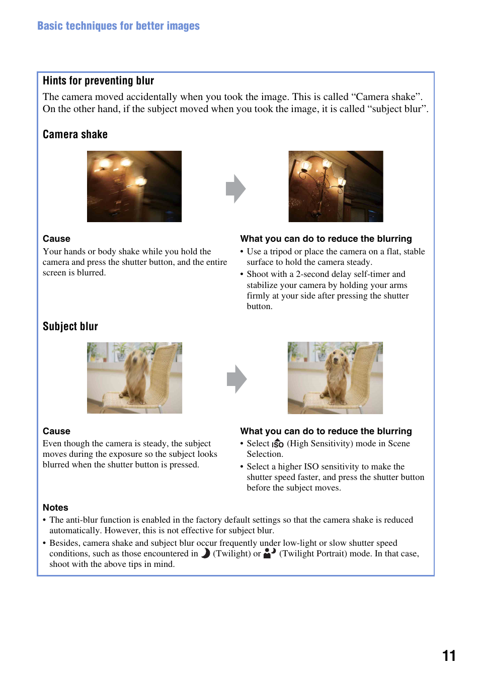 Hints for preventing blur” below | Sony DSC-T2 User Manual | Page 11 / 131