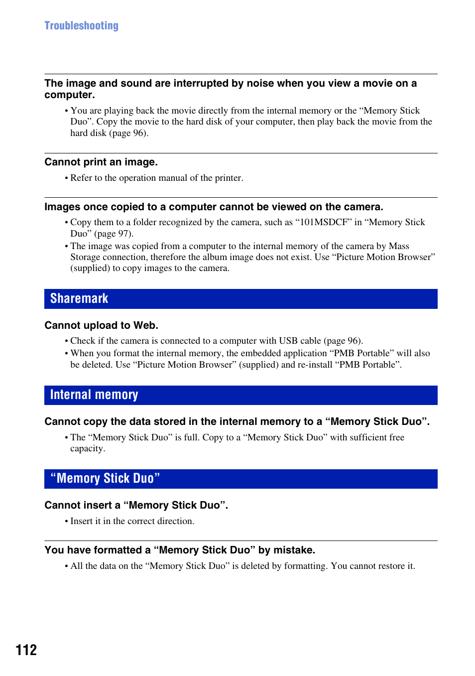 Sharemark, Internal memory, Memory stick duo | Sony DSC-T2 User Manual | Page 112 / 131