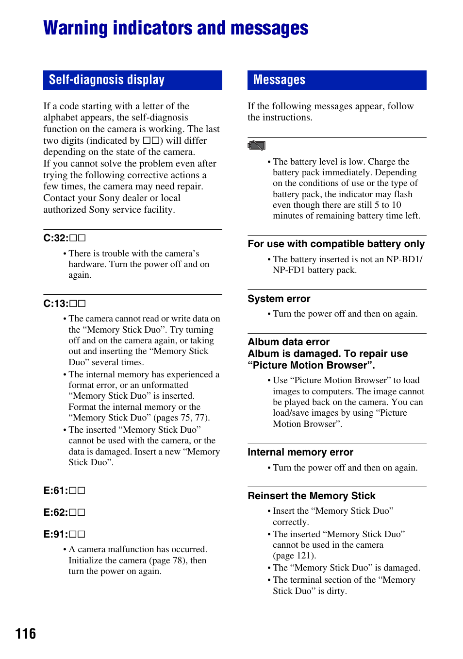 Warning indicators and messages, Self-diagnosis display, Messages | G (116), Self-diagnosis display messages | Sony DSC-T2 User Manual | Page 116 / 131