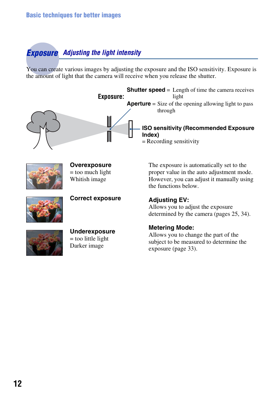 Exposure, Exposure – adjusting the light intensity | Sony DSC-T2 User Manual | Page 12 / 131