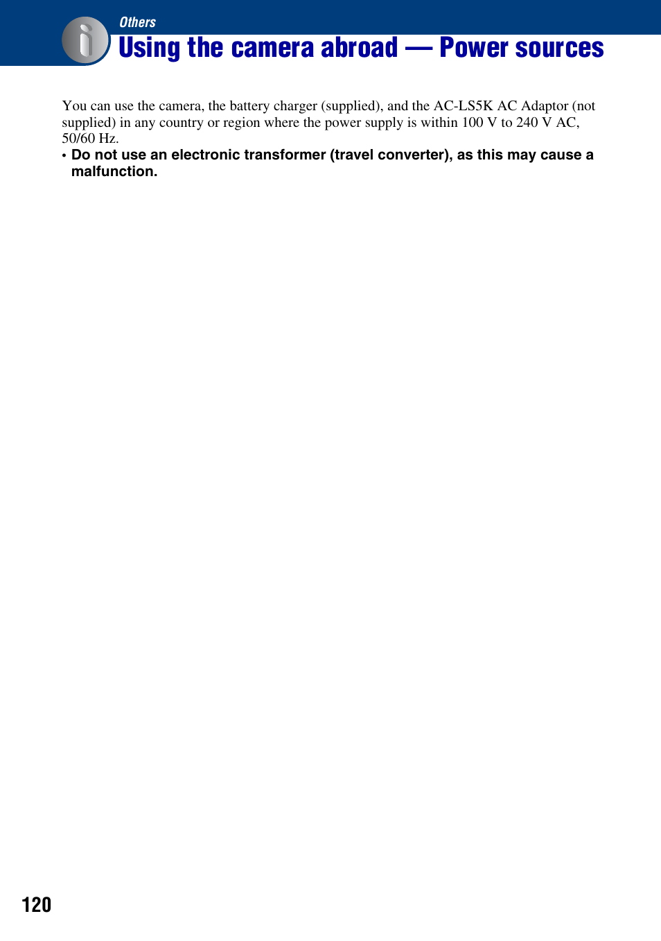 Others, Using the camera abroad - power sources, Using the camera abroad — power sources | Sony DSC-T2 User Manual | Page 120 / 131