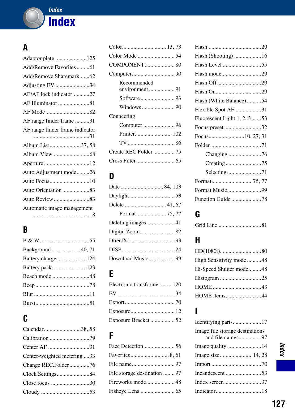 Index | Sony DSC-T2 User Manual | Page 127 / 131