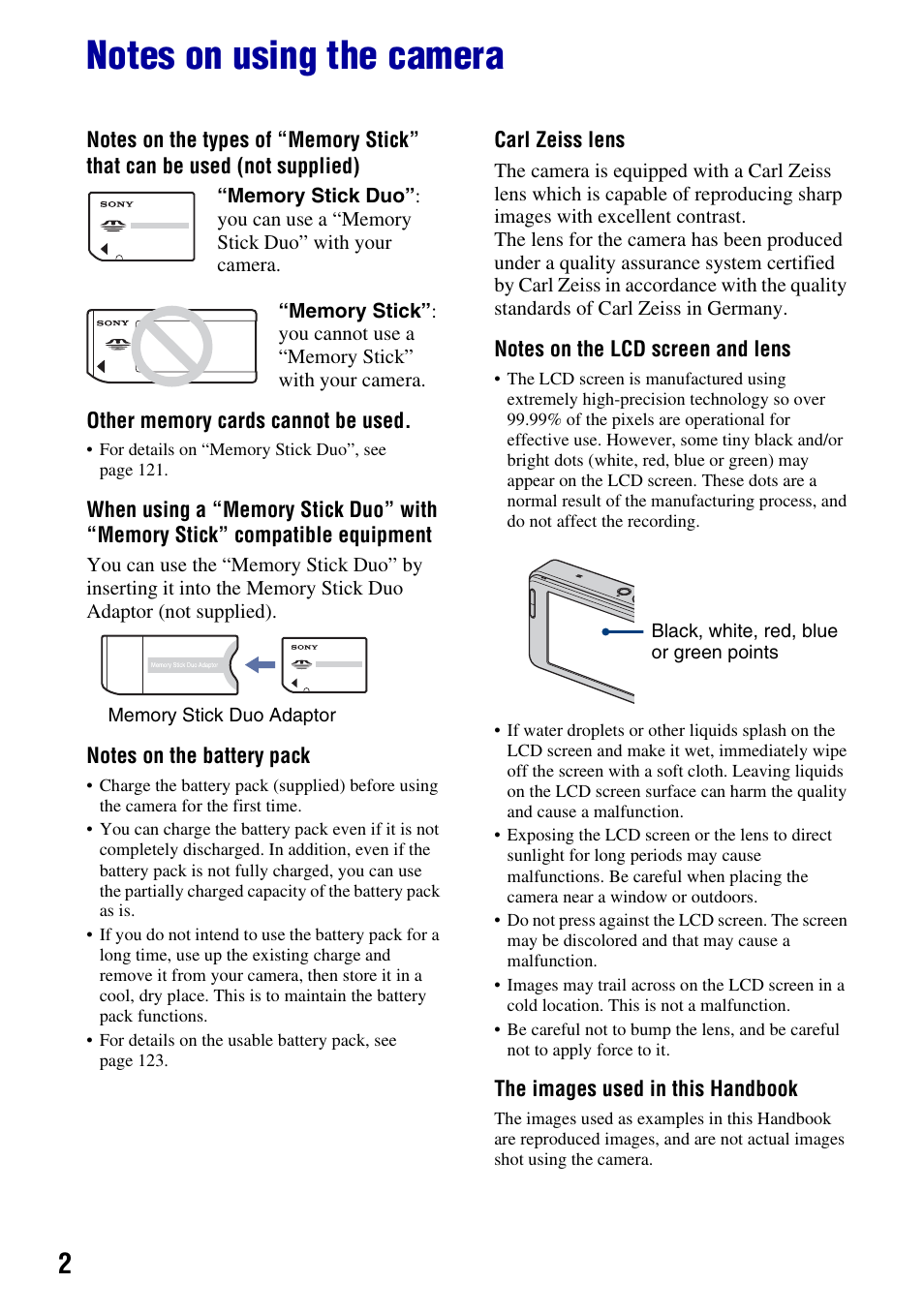 Notes on using the camera | Sony DSC-T2 User Manual | Page 2 / 131