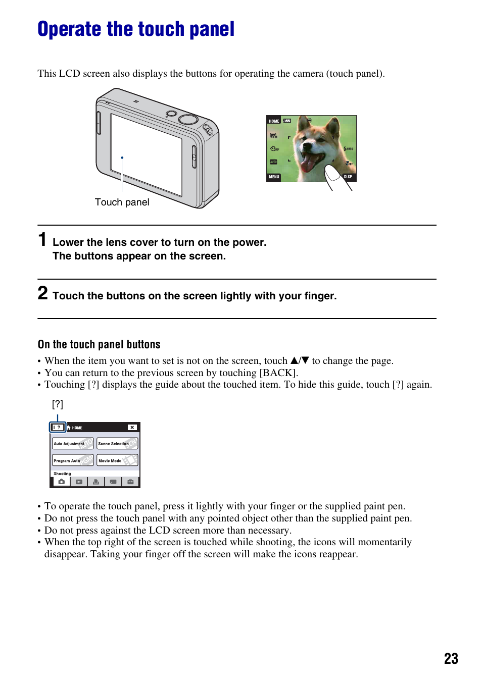 Operate the touch panel | Sony DSC-T2 User Manual | Page 23 / 131