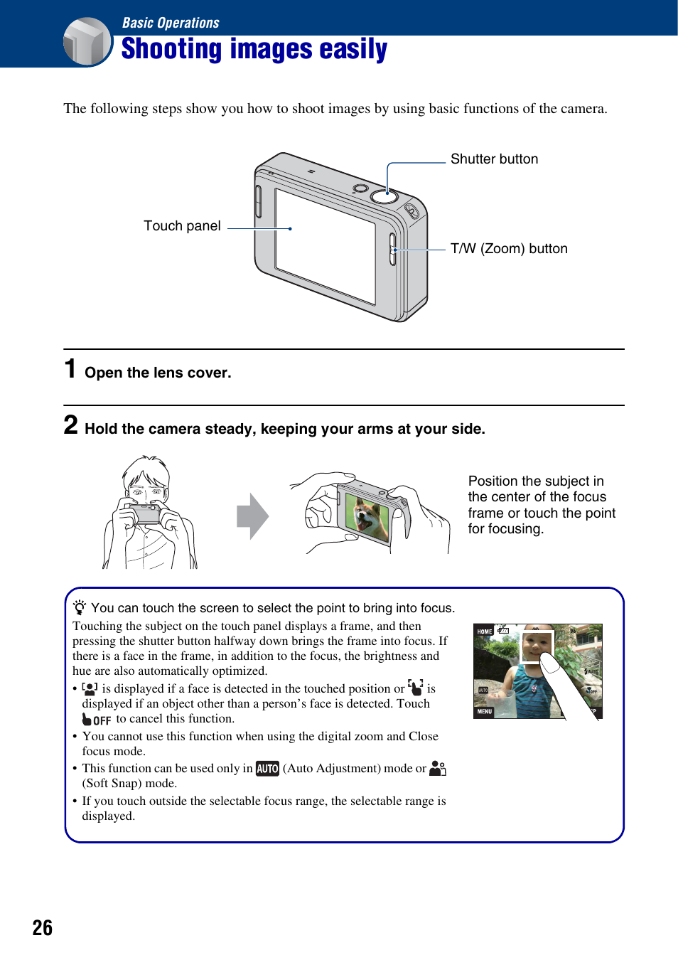 Basic operations, Shooting images easily, R (26) | Sony DSC-T2 User Manual | Page 26 / 131