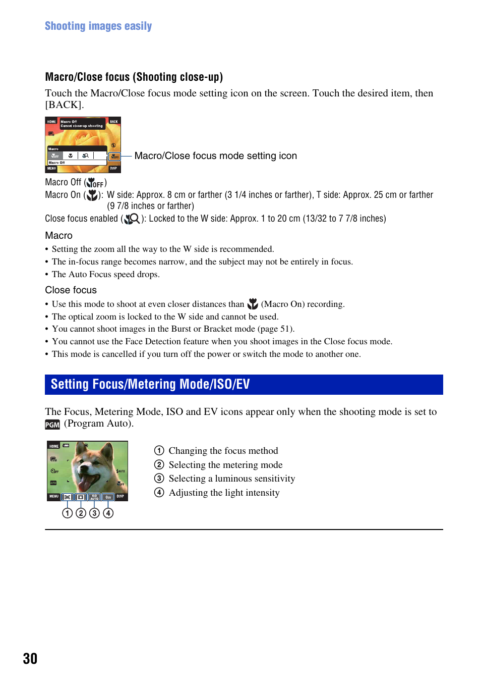 Setting focus/metering mode/iso/ev | Sony DSC-T2 User Manual | Page 30 / 131