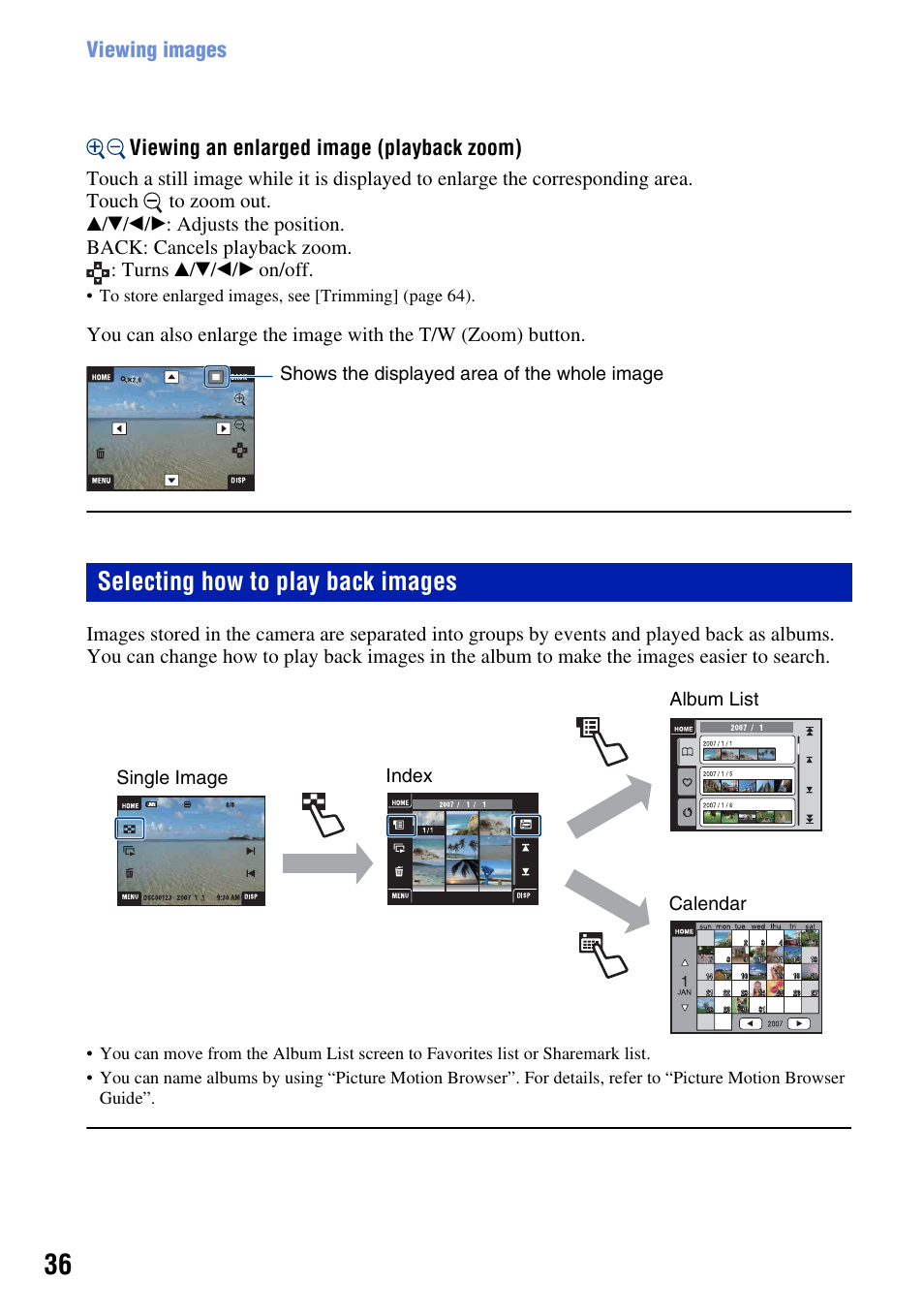 Selecting how to play back images | Sony DSC-T2 User Manual | Page 36 / 131