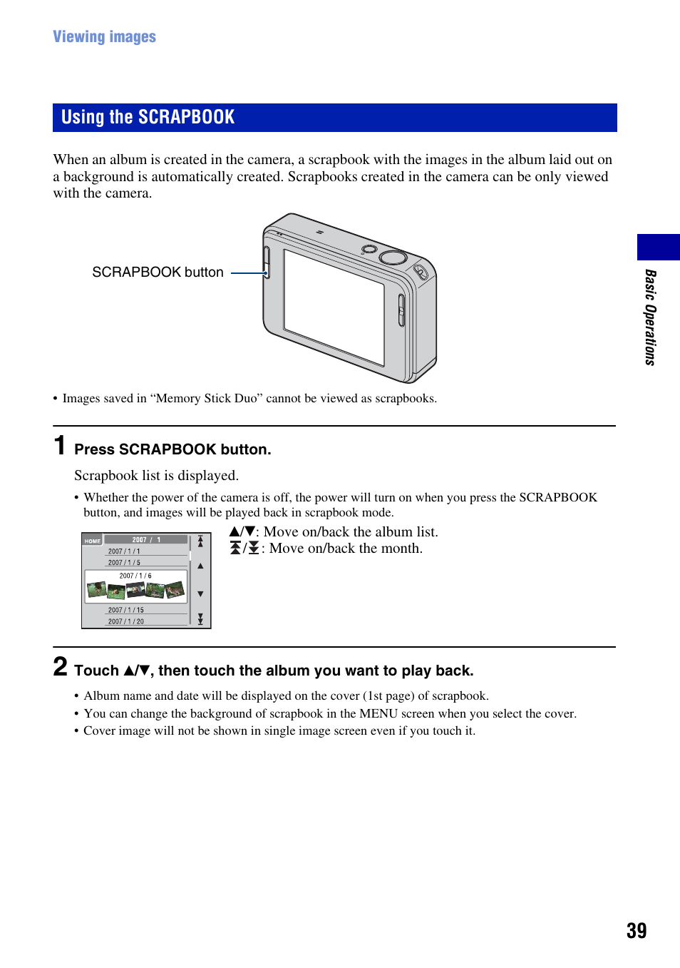 Using the scrapbook, Pbook button (39) | Sony DSC-T2 User Manual | Page 39 / 131