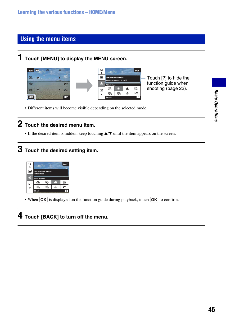 Using the menu items | Sony DSC-T2 User Manual | Page 45 / 131