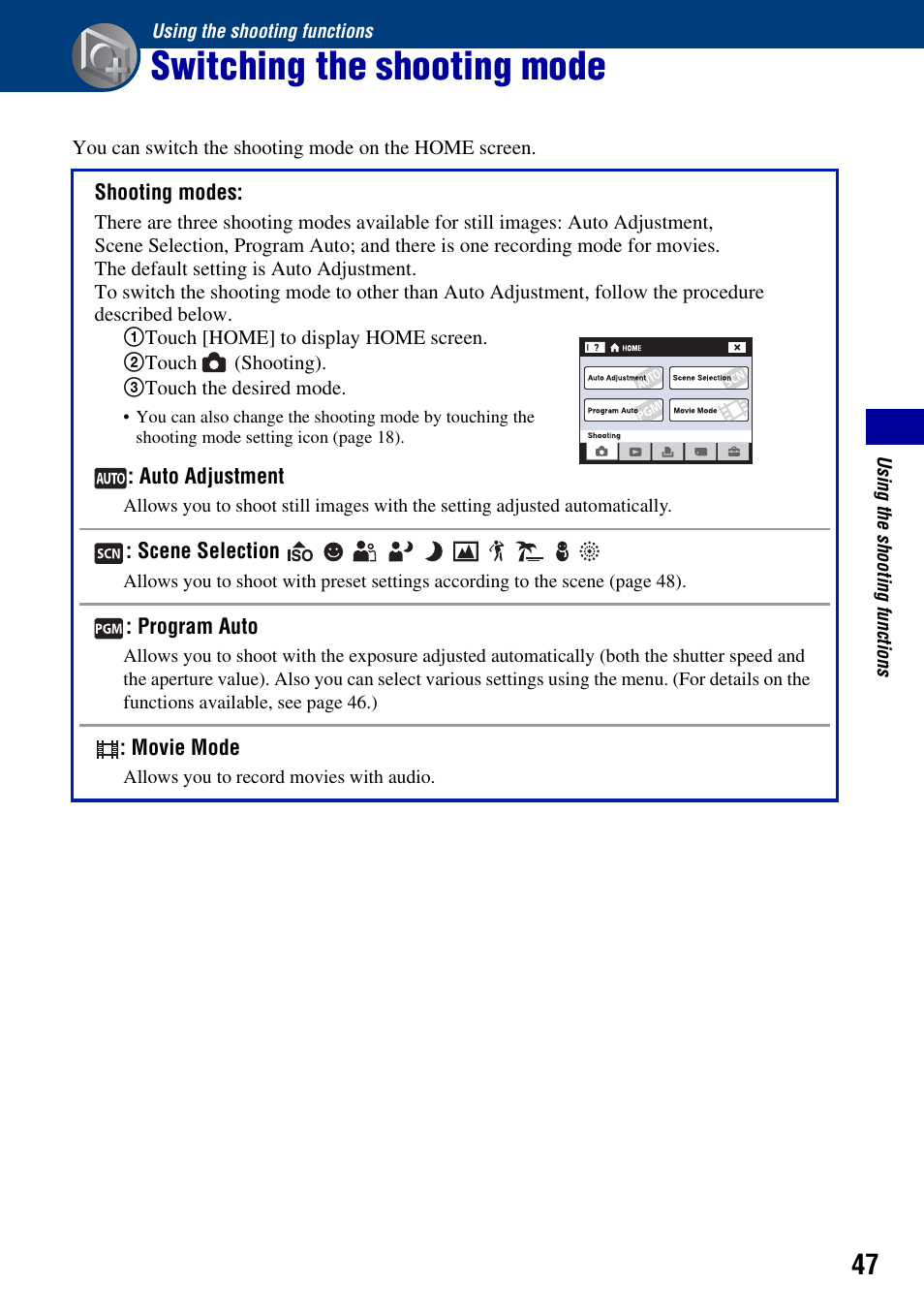 Using the shooting functions, Switching the shooting mode | Sony DSC-T2 User Manual | Page 47 / 131