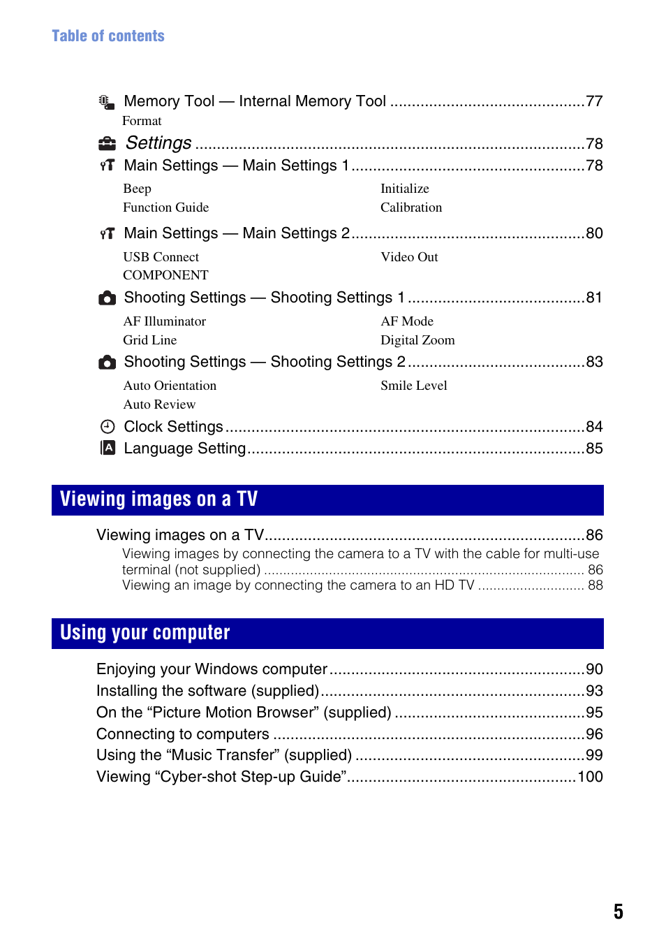 Viewing images on a tv using your computer, Settings | Sony DSC-T2 User Manual | Page 5 / 131