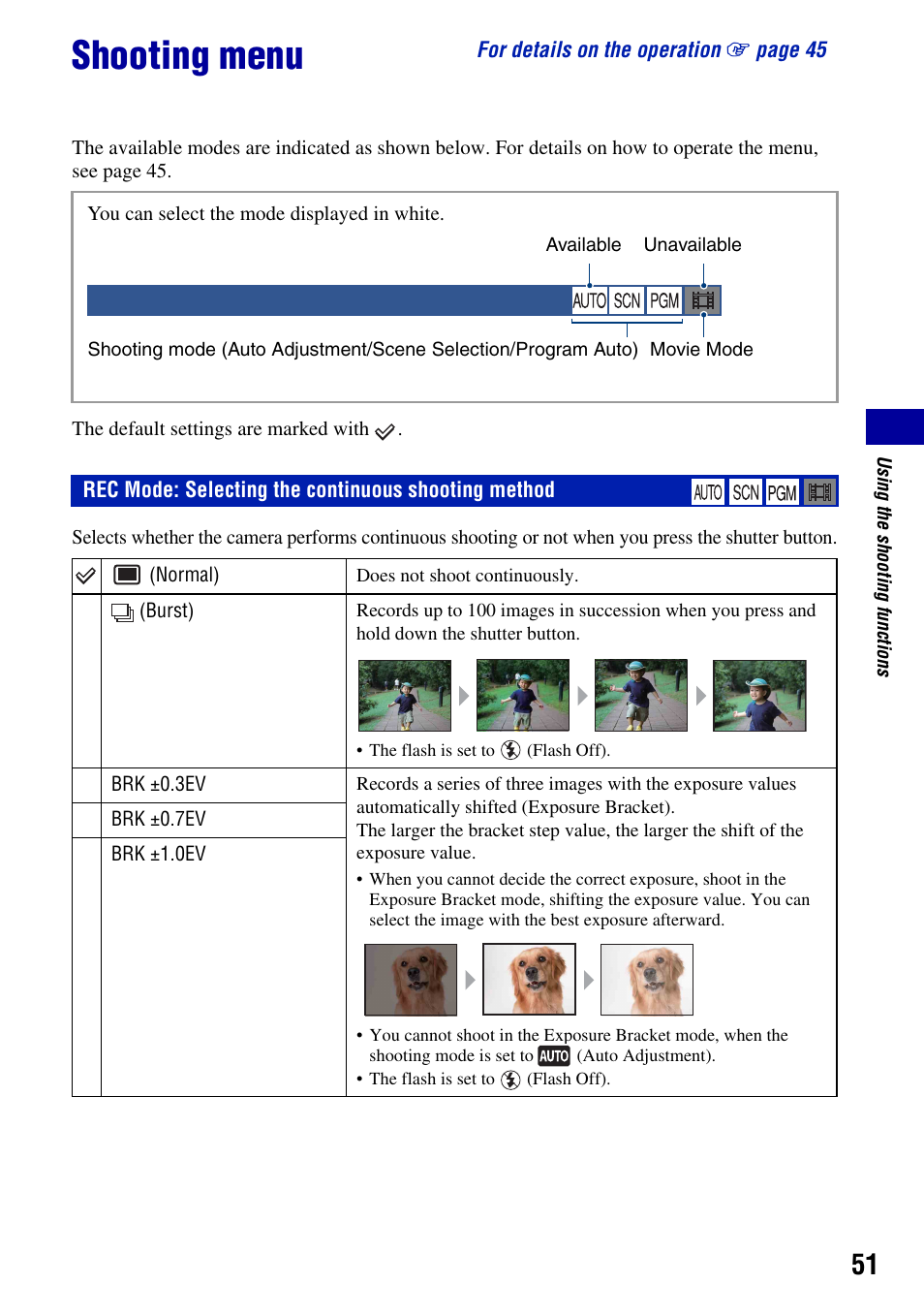 Shooting menu, Rec mode: selecting the continuous shooting method | Sony DSC-T2 User Manual | Page 51 / 131