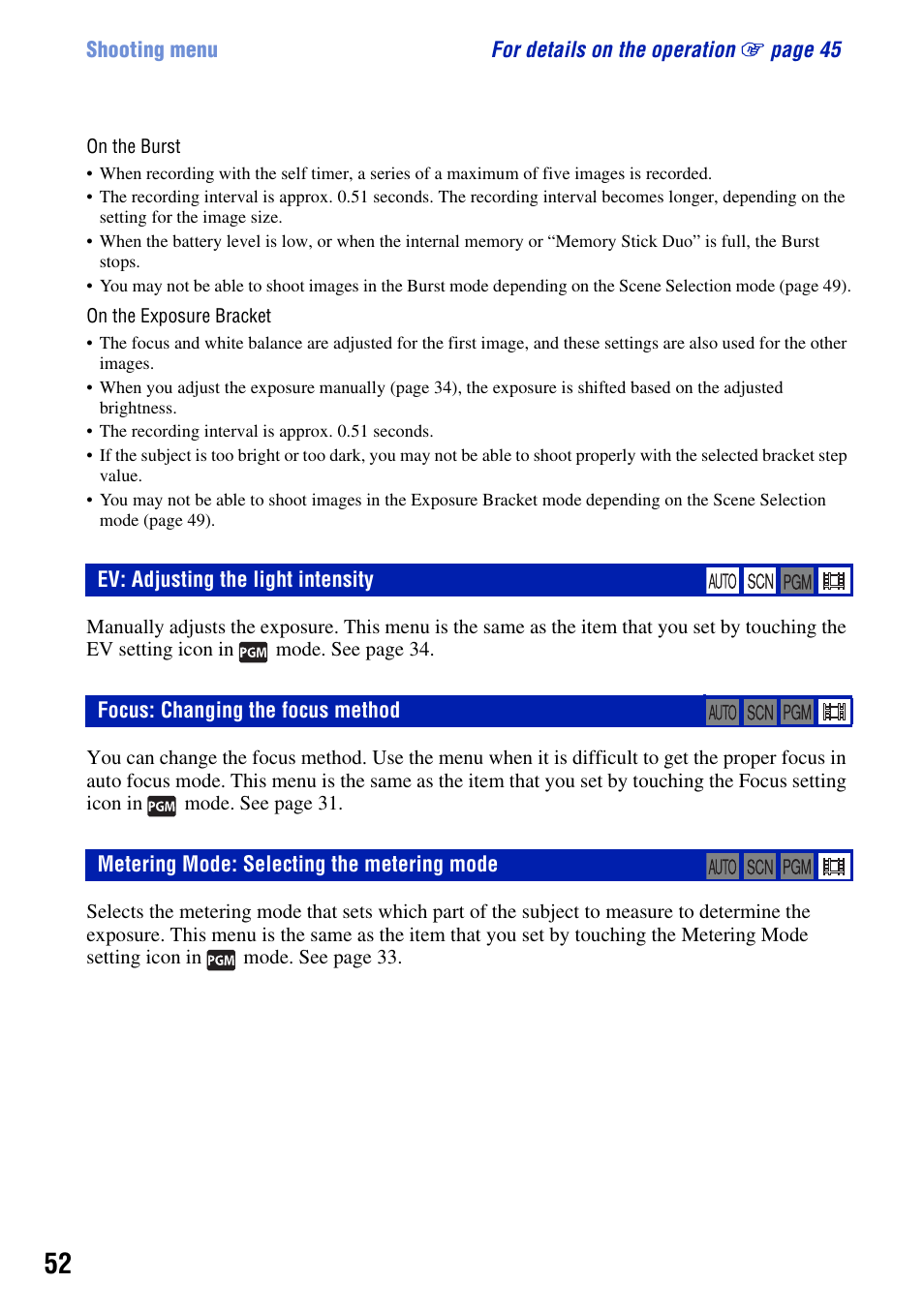 Ev: adjusting the light intensity, Focus: changing the focus method, Metering mode: selecting the metering mode | Sony DSC-T2 User Manual | Page 52 / 131