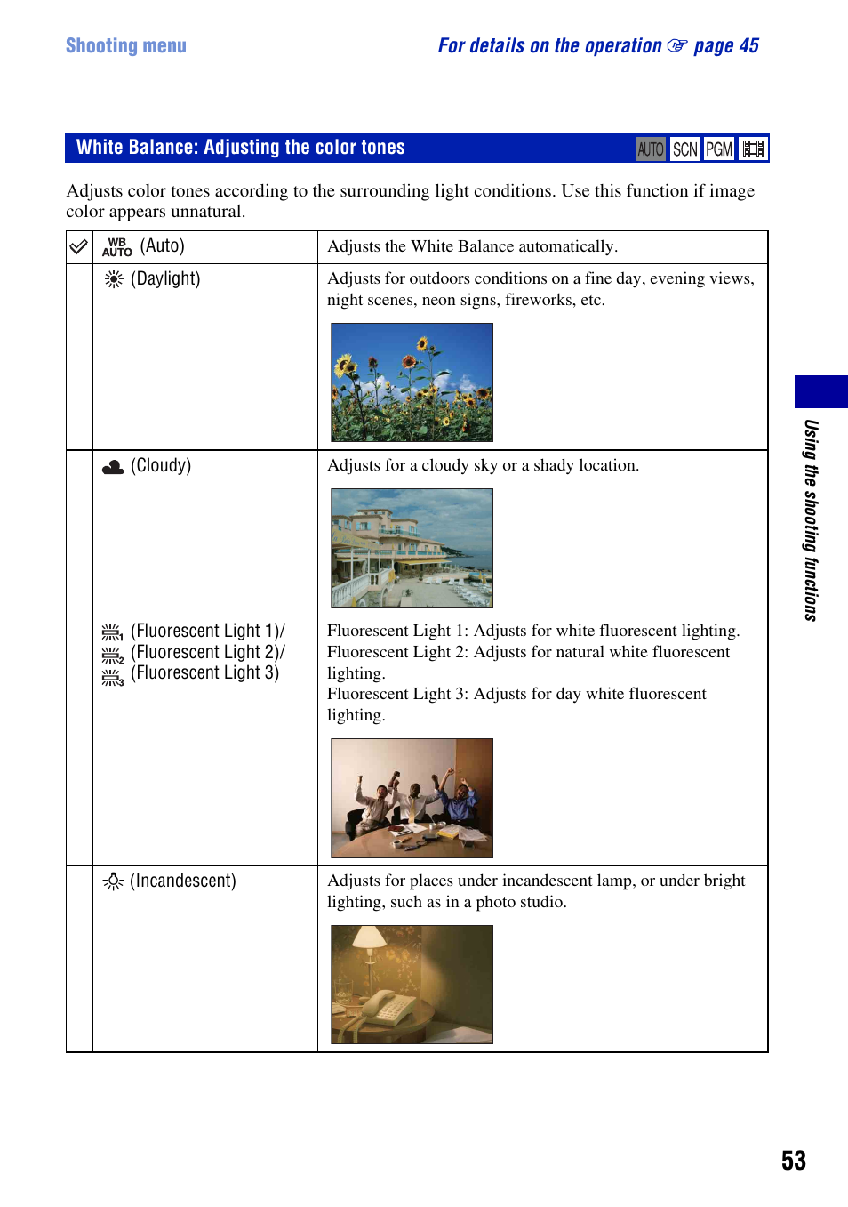 White balance: adjusting the color tones, E (53) | Sony DSC-T2 User Manual | Page 53 / 131