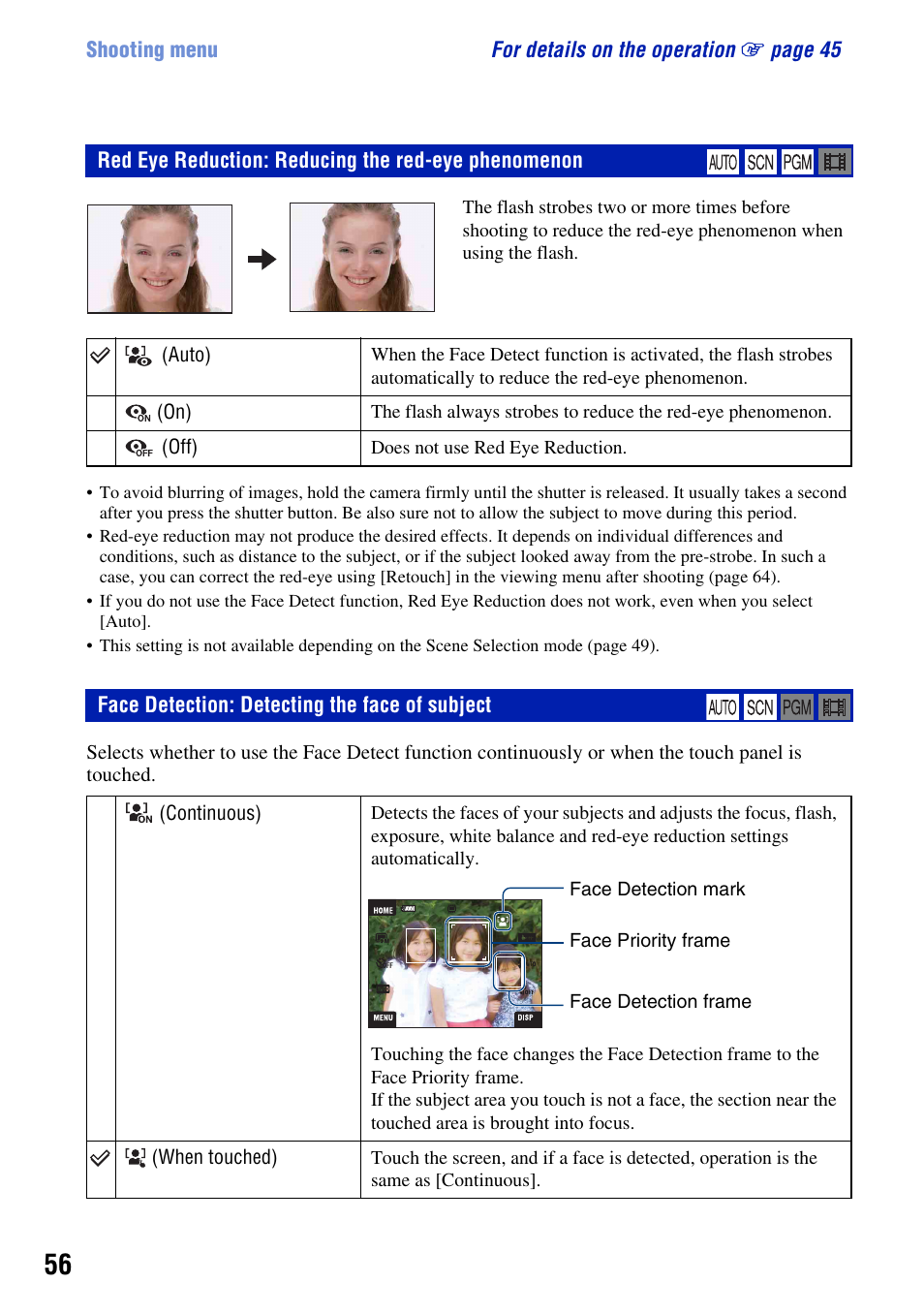 Red eye reduction: reducing the red-eye phenomenon, Face detection: detecting the face of subject, N (56) | Sony DSC-T2 User Manual | Page 56 / 131