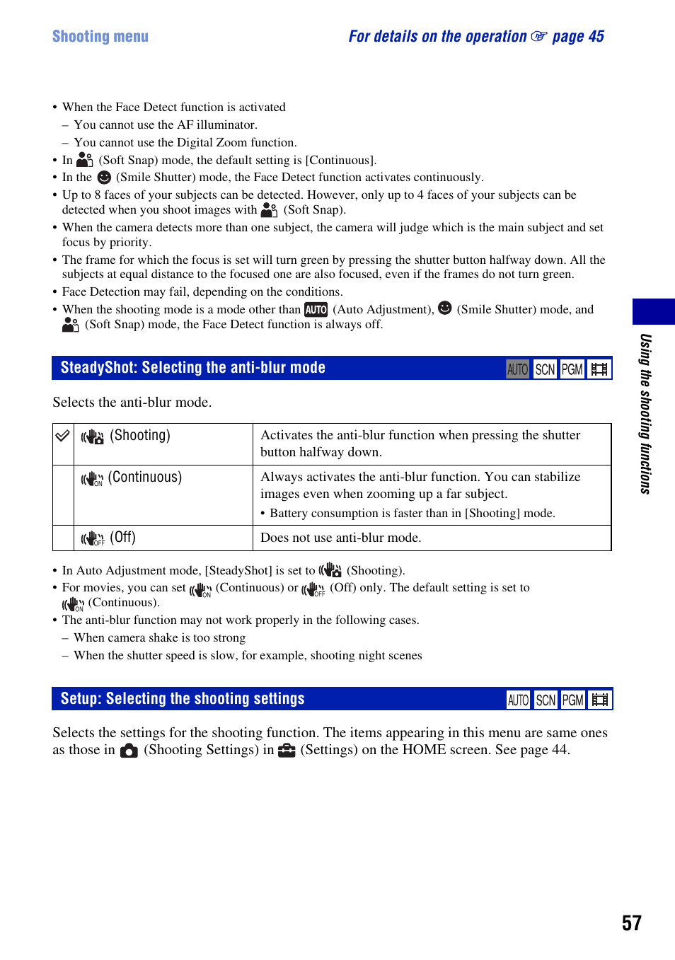 Steadyshot: selecting the anti-blur mode, Setup: selecting the shooting settings | Sony DSC-T2 User Manual | Page 57 / 131