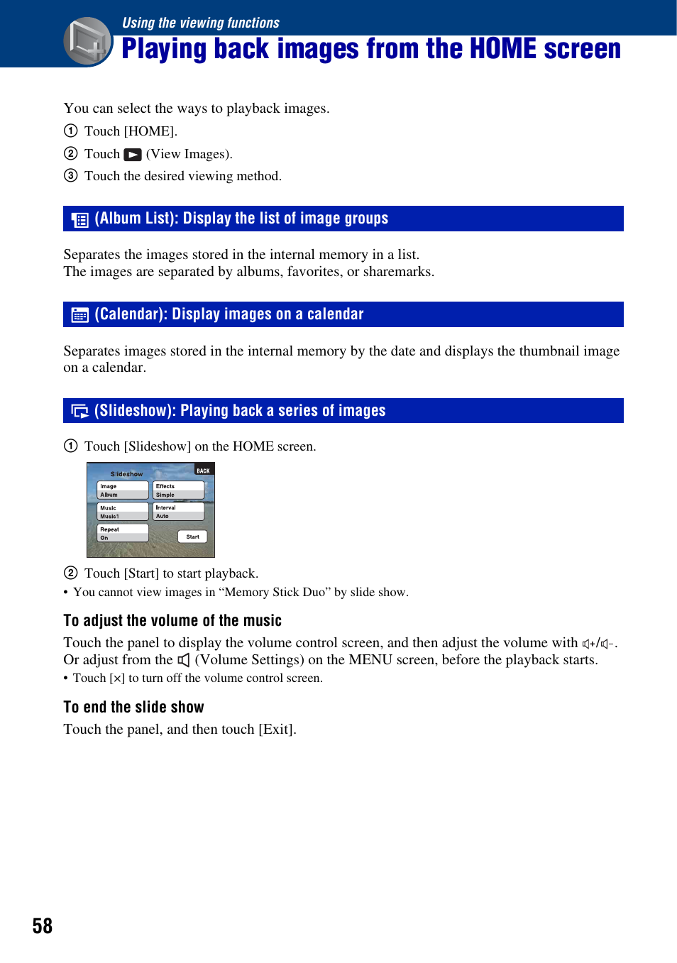 Using the viewing functions, Playing back images from the home screen, Album list): display the list of image groups | Calendar): display images on a calendar, Slideshow): playing back a series of images | Sony DSC-T2 User Manual | Page 58 / 131