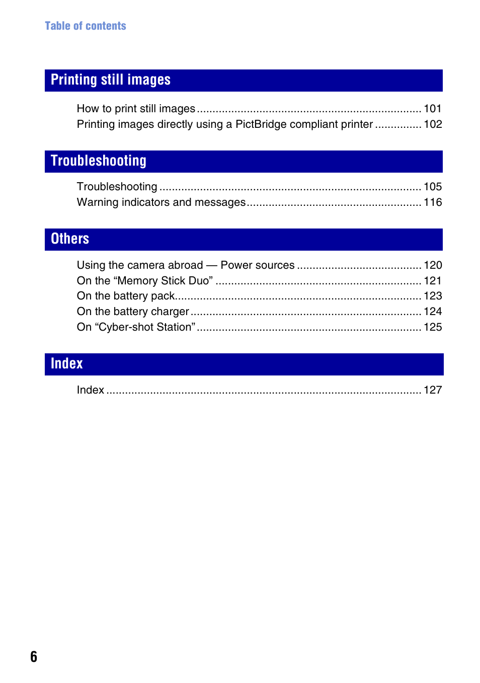 Printing still images troubleshooting others index | Sony DSC-T2 User Manual | Page 6 / 131